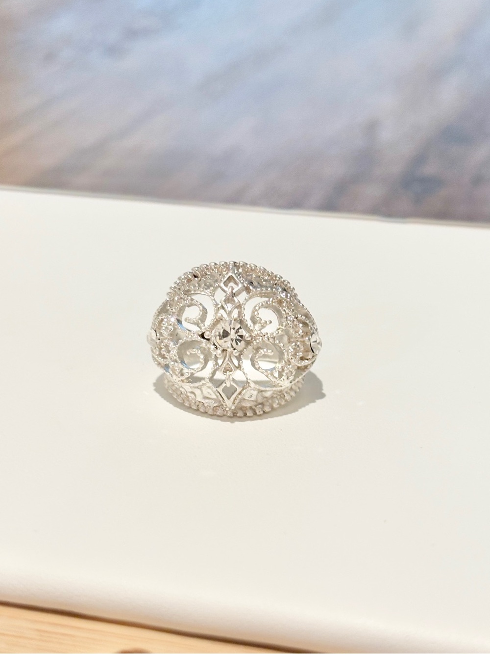 Silver Tone Filigree Statement Ring Clear Stones Size 7